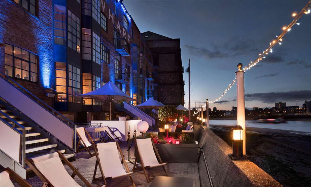 Riverside terrace at the DoubleTree Docklands at night