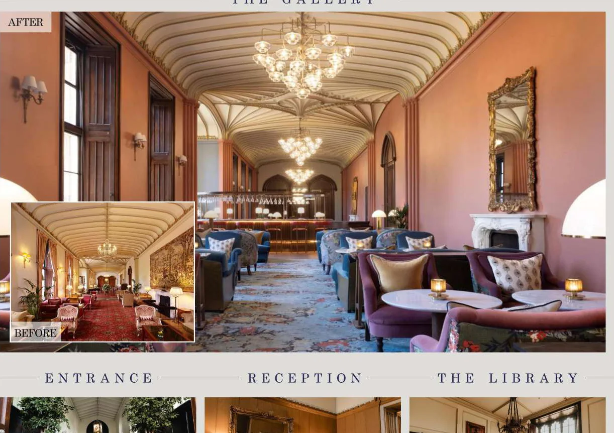 Restored lounge interior at Mar Hall