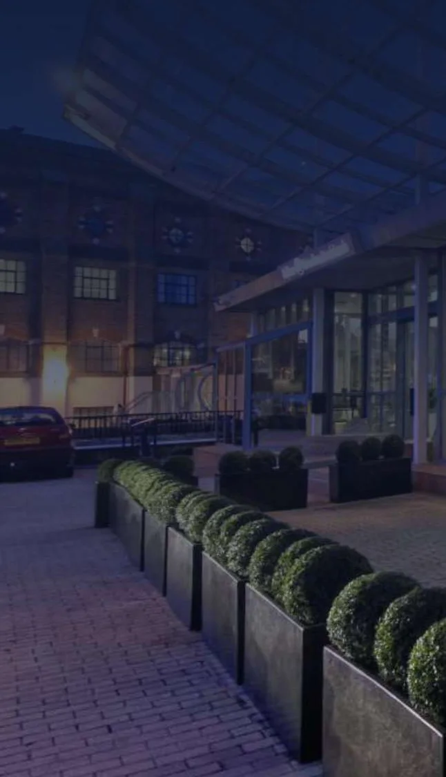 Hotel entrance at dusk